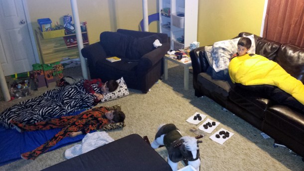A sleepover in the basement is the perfect end to a jammie day. Well, that and piles of Oreos.
